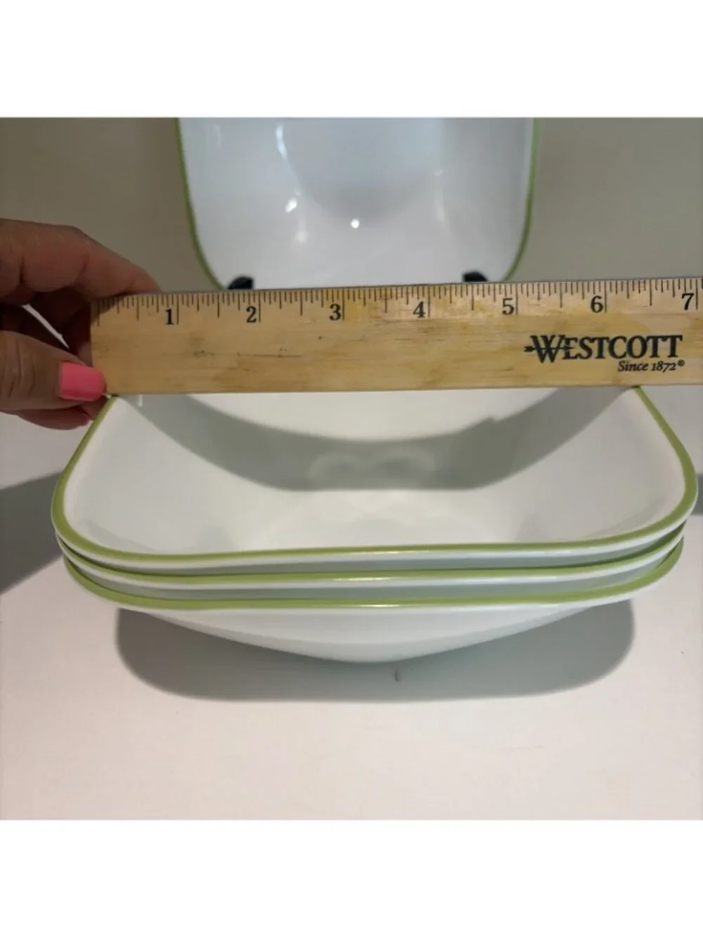 4 Corelle Corning Ware Buttercup Square 6 1/2 Inch Cereal Soup Bowls Green Trim